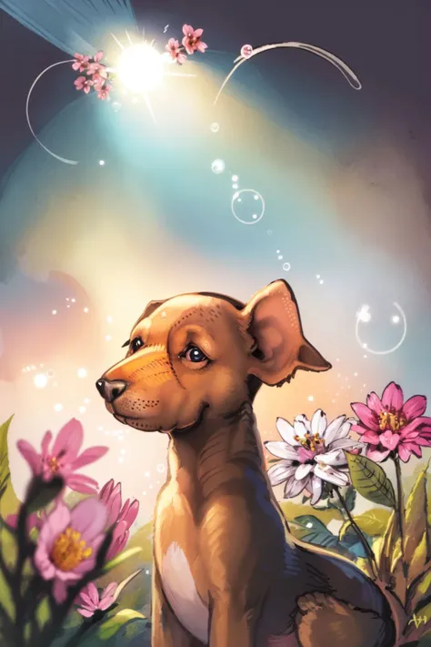 dog, no humans, solo, looking to the side, smile, lens flare, Satin_Flowers \(flower\), floral background <lora:nursery_rhymes_style_v02.08:1>