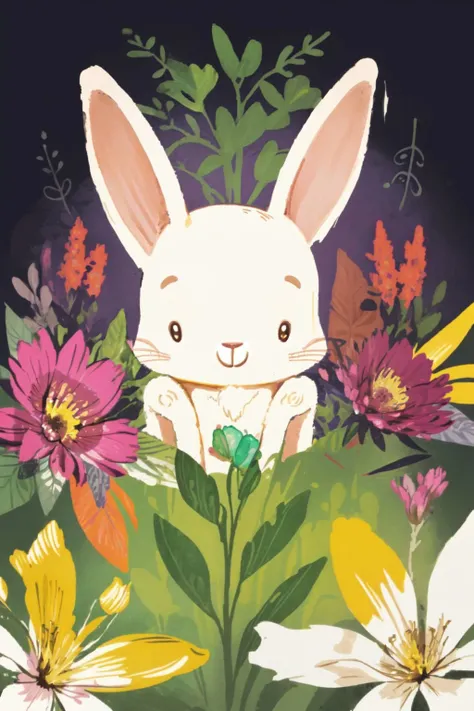 rabbit, no humans, solo, looking down, smile, no light, Anigozanthus \(flower\), floral background <lora:nursery_rhymes_style_v02.08:1>