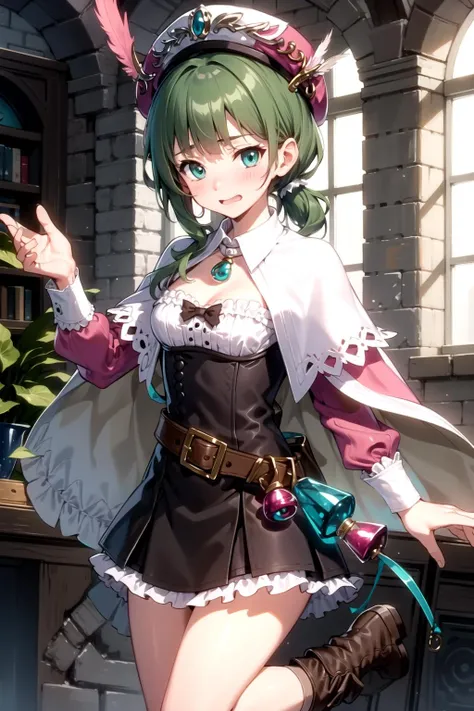 masterpiece, best quality, 1girl,detailed face,ultra hi res,
<lora:rorona_cos_N_V2_0-000010:0.8>,
rorona_cos, skirt, pink long sleeves, brown dress, frills,belt, bowtie, black bow, black bowtie, cape,capelet,corset,cleavage,gem, jewelry,
hat,beret,hat feather,pink headwear,
boots, brown footwear,brown socks,
wide ponytail hair,
(turquoise green color hair:1.2),
turquoise green color eyes,
cowboy shot,
indoor,
jumping,
(shy face:1.2),,