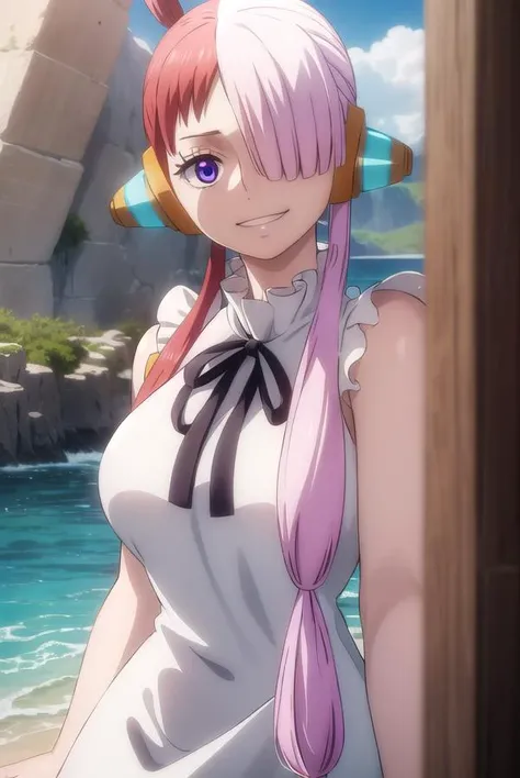 onepieceuta, <lora:uta red movie-lora-nochekaiser:1>,
uta, long hair, (purple eyes:1.1), white hair, red hair, multicolored hair, (hair over one eye:1.5), two-tone hair, split-color hair, hair rings, sidelocks, smile, grin,
BREAK dress, ribbon, jewelry, white dress, headphones,
BREAK outdoors, ocean, boat,
BREAK looking at viewer, (cowboy shot:1.5),
BREAK <lyco:GoodHands-beta2:1>, (masterpiece:1.2), best quality, high resolution, unity 8k wallpaper, (illustration:0.8), (beautiful detailed eyes:1.6), extremely detailed face, perfect lighting, extremely detailed CG, (perfect hands, perfect anatomy),