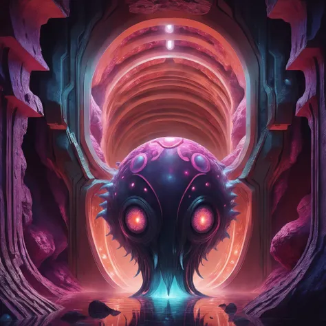 <lora:add-detail-xl:2.0>, <lora:style-beeple_mike_winkelmann-xl:1.2>, beeple (mike winkelmann) style, detailed expressive eyes, fantasy style, deep in the crystalline caverns of planet niceone vii roams the silicon-based exibilliarouted slimy scuzzlout, here it is shown emerging from its tunnel lair in the vibrant, gemstone-studded walls of the underground snickerwhirl. this creature is covered in crystalline luminorbler arranged in beautiful fractal patterns, reflecting the iridescent glow of the bioluminescent fungi around it, one should watch out for its dangerous problamtimating tail, serene background, extremely detailed