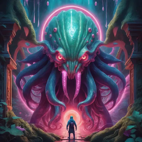 <lora:add-detail-xl:2.0>, <lora:style-beeple_mike_winkelmann-xl:1.2>, beeple (mike winkelmann) style, detailed expressive eyes, fantasy style, among the vibrant paffling flora of planet alderwaran x, the brightly luminescent, ethereal shiny wetchonk with tendrils of glowing mogglesnap drifts slowly through the air, emitting strange joribified cosmic energy light that seems to glurfle across the multiverse, cosmic horror, cthulhu mythos, (magic portal:1.2), tranquil background, extremely detailed