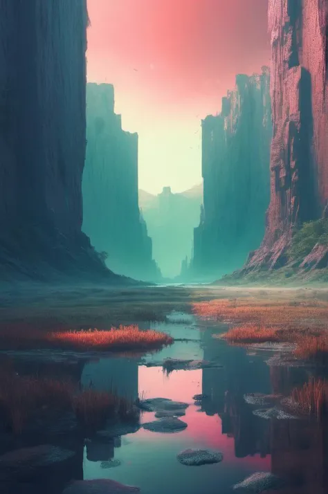, <lora:Beeple (Mike Winkelmann) Style:1> Beeple (Mike Winkelmann) Style ,, swamp valley surrounded by high rocky cliffs, 
dawn,
dawn,