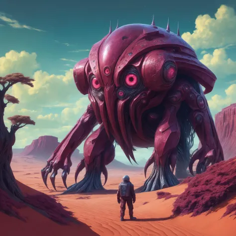 <lora:add-detail-xl:2.0>, <lora:style-beeple_mike_winkelmann-xl:1.4>, beeple (mike winkelmann) style, detailed expressive eyes, fantasy style, the rusty owlwoozle is a fearsome desert dweller of planet xinderdousen iv, camouflaged amidst the maroon colored norbsemblic dunes we see it surveying the surroundings with its intricate forbled multifaceted eyes from atop a overgrown lingernering doover, beware its poisonous fruitshnorble, cthulhu mythos, dramatic background, extremely detailed
