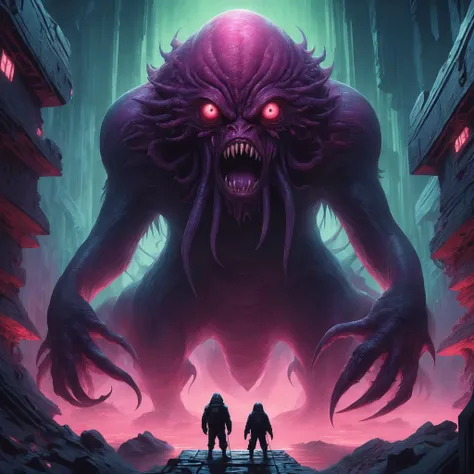 <lora:add-detail-xl:2.0>, <lora:style-beeple_mike_winkelmann-xl:1.0>, beeple (mike winkelmann) style, detailed expressive eyes, fantasy style, here we see a gigantic towering sewer-dwelling ethergremlin, this wondrous flurbguzzled creature, covered in dark snigglefritz and frotzgobbler stands atop a globbershmoggled pile of blackshmitz, silhouetted against a paffling aurora-filled sky of planet chuckleberry x, hinting at its otherworldly nature, cthulhu mythos, demonic eyes, tranquil background, extremely detailed
