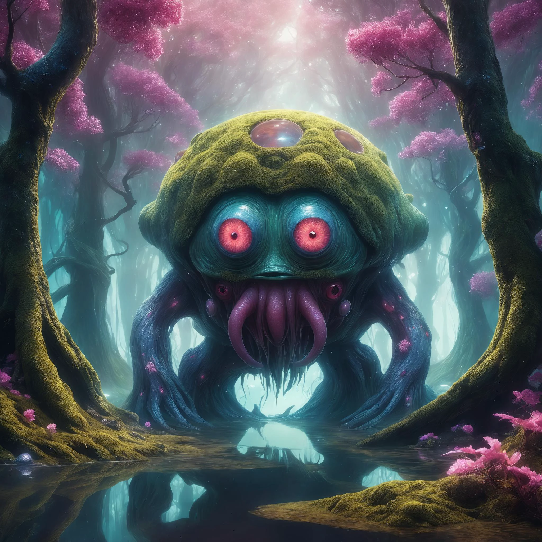<lora:add-detail-xl:2.0>, <lora:style-beeple_mike_winkelmann-xl:1.0>, beeple (mike winkelmann) style, detailed expressive eyes, fantasy style, the gummy etherflower, a mischievous bog dweller, covered in wakthurbled moss and most often accompanied by the tiny bioluminescent chitinous lipnub, it sprindles among gnarled trees and the enchanted plumbusflowers in the heart of the lush confrectioned lands of planet krakenhome quartus, foggy background, extremely detailed