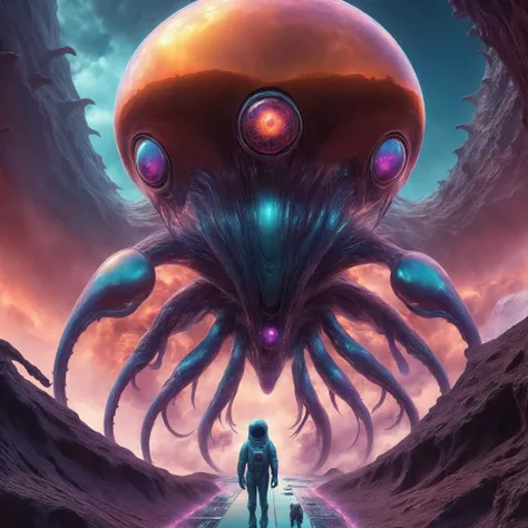 <lora:add-detail-xl:2.0>, <lora:style-beeple_mike_winkelmann-xl:1.2>, beeple (mike winkelmann) style, detailed expressive eyes, fantasy style, (fractal art:0.44), dramatic sky, here we see the airborne metallic mudwonk, an ethereal, enigmatic (invertebrate:1.2) with enormous (iridescent:1.2), dorxed (gas bladders:1.2). it navigates the clouds in the dense atmosphere of the (tempestuous:1.4) alien planet smellysphere v with ethereal ostonfering grace, serene background, extremely detailed
