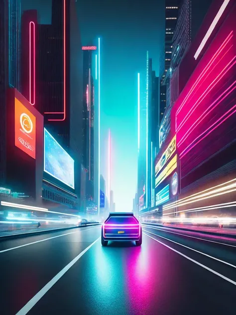 <lora:BeepleMikeWinkelmann:1>a futuristic city with neon lights in the middle of the picture and a car driving through the center of the picture by Beeple Mike Winkelmann