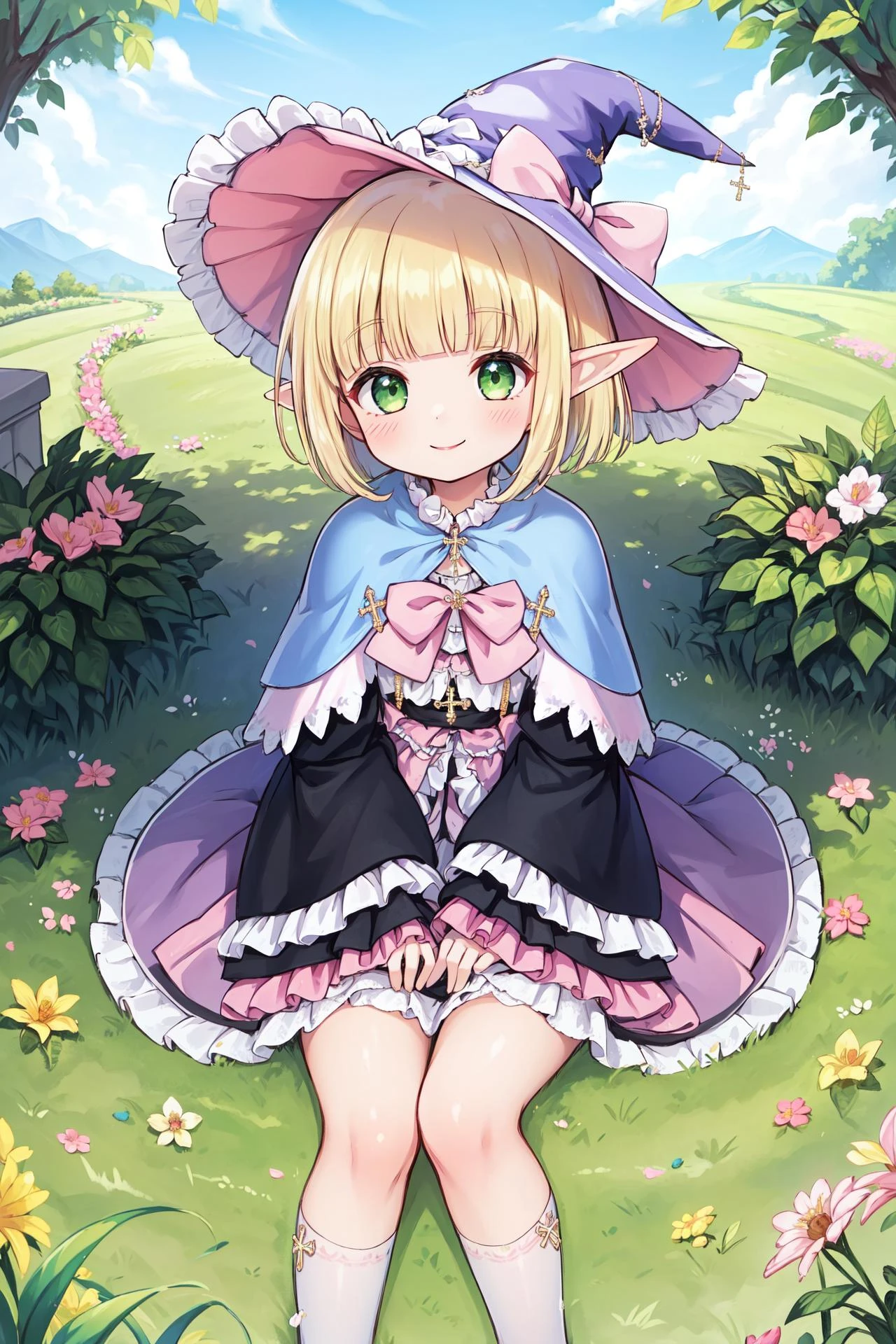 masterpiece,best quality,happy smile
blonde blunt bangs bob hair,green eyes, elf ears,(short, flat, small:1),
pink dress,pink capelet,layered dress,frills,pink bow,wide sleeves,pink witch hat,frilled sleeves,cross pendant,
Sitting on the ground,
outdoors, on grass,flower,
happy smile
 <lora:monv_v2.4_lbw:1>