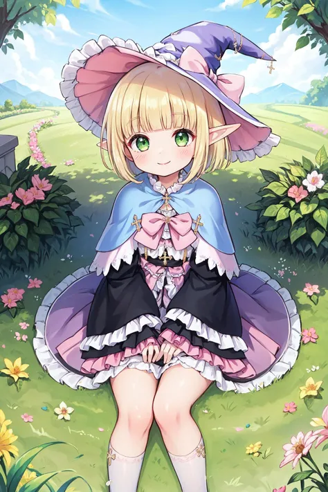 masterpiece,best quality,happy smile
blonde blunt bangs bob hair,green eyes, elf ears,(short, flat, small:1),
pink dress,pink capelet,layered dress,frills,pink bow,wide sleeves,pink witch hat,frilled sleeves,cross pendant,
Sitting on the ground,
outdoors, on grass,flower,
happy smile
 <lora:monv_v2.4_lbw:1>