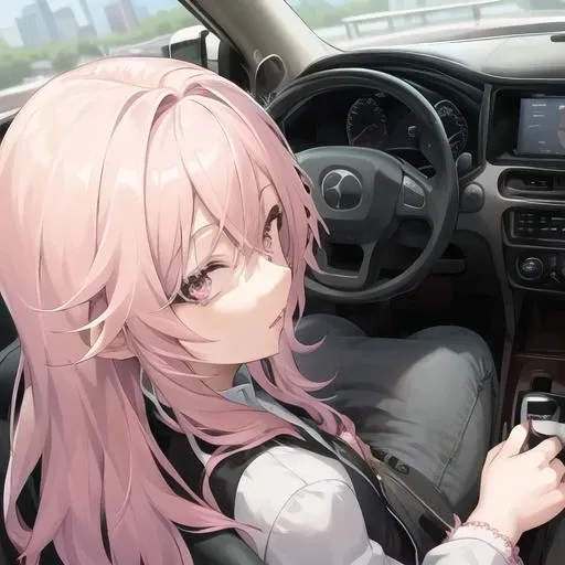 <lora:carjob:0.8>,car 1girl, 2d, masterpiece, best quality, anime, highly detailed face, highly detailed background, perfect lighting, pink hair (starry eyes) from behind (hands on the steering wheel)