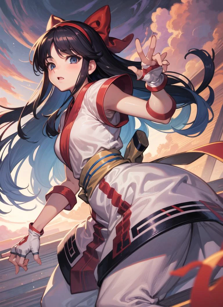 (masterpiece, best quality, high resolution, unity 8k wallpaper, extremely detailed CG:1), (illustration:1.0), 1girl,solo, nakorurums , bow, hairband, ainu clothes, fingerless gloves , short sleeves <lora:NakoruruMS:1>
