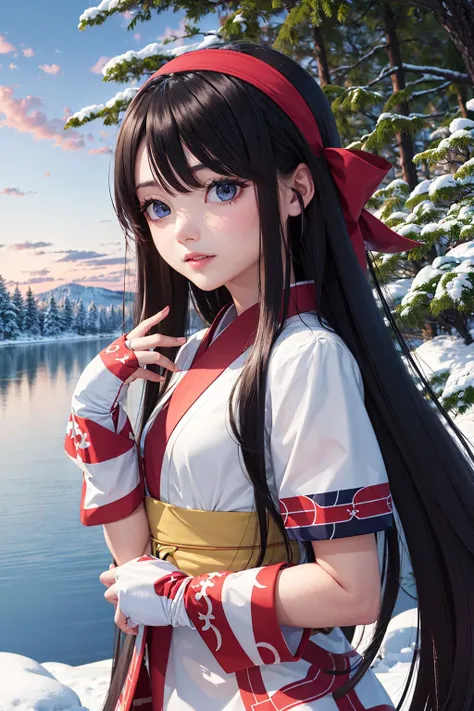 (masterpiece,best quality:1.2),(highres, ultra-detailed:1.1), solo, 1girl,
(nakorurums,beautiful skin:1.2),(beautiful eyes:1.4),(black long hair,small breasts,:1.1),elegant face,(red bow,hairband:1.2),<lora:NakoruruMS:0.75>
BREAK
(ainu cloth, fingerless gloves , short sleeves:1.2),outdoors,winter,snow,forest,view of lake from cliff,cowboy shot