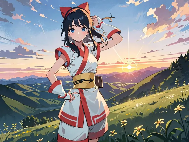 <lora:Nakoruru:1>, masterpiece, best quality, absurdres, perfect anatomy, 4K, 8K, (1girl, solo:1.3),
(nakorurums , bow, hairband, ainu clothes, fingerless gloves , short sleeves), (light smile:0.6),
(outdoors, perspective view, rocky terrain in the hills, weeds:1.2), (evening, evening mood, summer sunset:1.3), (breeze, wind, lens flare:0.9),
detailed background, (official art, best quality illustration:0.9), (pop art, Ligne claire:1.3), (cocky_and_pompous_pose, looking at viewer:1.1),
<lora:epiNoiseoffset_v2Pynoise:0.5>, <lora:flat2:0.7>