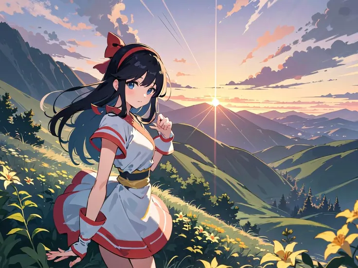 <lora:Nakoruru:1>, masterpiece, best quality, absurdres, perfect anatomy, 4K, 8K, (1girl, solo:1.3),
(nakorurums , bow, hairband, ainu clothes, fingerless gloves , short sleeves), (light smile:0.6),
(outdoors, perspective view, rocky terrain in the hills, weeds:1.2), (evening, evening mood, summer sunset:1.3), (breeze, wind, lens flare:0.9),
detailed background, (official art, best quality illustration:0.9), (pop art, Ligne claire:1.3), (cocky_and_pompous_pose, looking at viewer:1.1),
<lora:epiNoiseoffset_v2Pynoise:0.5>, <lora:flat2:0.7>
