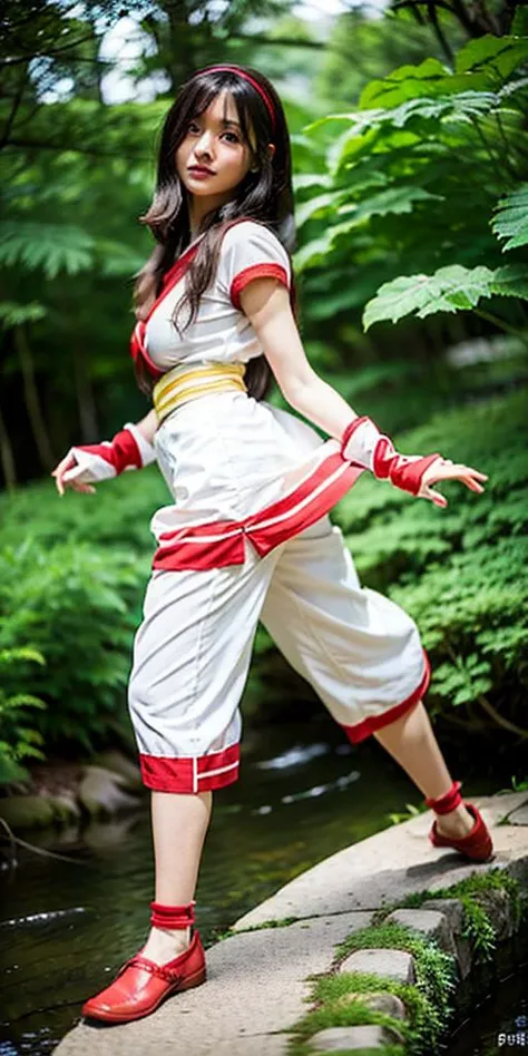 (8k), (best quality), (masterpiece:1.3), (realistic:1.3), (photorealistic:1.4), ultra-detailed, 1 girl, 16-years-old, large breast, skinny girl, jump, exercising, dance, Japanese, <lora:Nakoruru:1> nakorurums , bow, hairband, Ainu clothes, fingerless gloves, white short sleeves with red rim, black long hair, red hair big ribbon, red loafer shoes, three-quarter length white trousers, barefoot, lakeside, forest, baby face,
