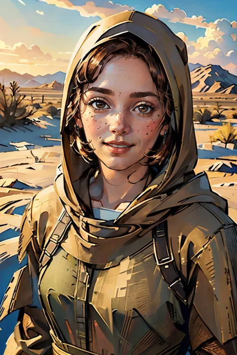VeronicaFNV, hooded cloak,brown clothes,looking at viewer, smiling, portrait,
outside, mojave desert, brown sky, extreme detail, masterpiece, <lora:VeronicaFNV:.8>