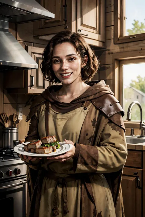 VeronicaFNV, short hair, cloak, brown clothes, gauntlets, looking at viewer, smiling, happy, teeth,
inside, cozy kitchen, holding a plate of food, mysterious meat, playful ambiance, extreme detail, hdr, <lora:VeronicaFNV:.8>