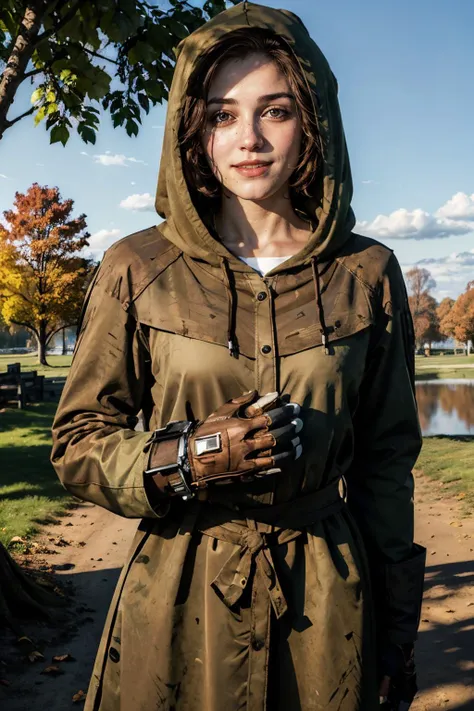 VeronicaFNV, short hair, hooded cloak, brown clothes, gauntlets, one glove, looking at viewer, smiling, 
standing, outside,park, trees, hill, autumn, blue sky, extreme detail, hdr,  <lora:VeronicaFNV:.8>