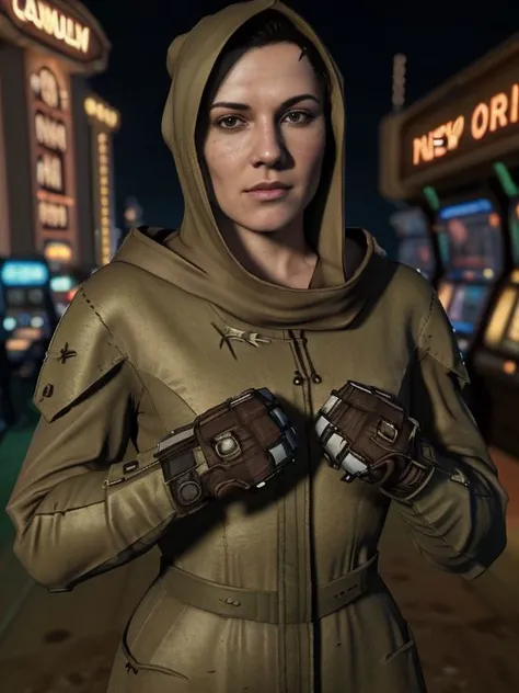 VeronicaFNV,
Hooded cloak,brown clothes,gauntlets,one glove, power fist,
Las Vegas Strip, Casino, fallout new vegas, Fallout Game Style, octane render, 4k, uhd,
<lora:VeronicaFNV:0.9>
