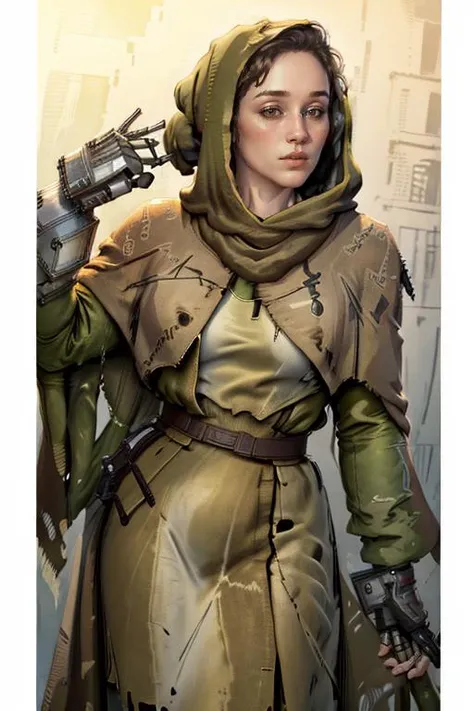 (masterpiece, best quality, hires, high resolution:1.2), extremely detailed, intricate details, highres, veronicafnv, hood, gloves, cloak, torn_clothes, <lora:VeronicaFNV:1>