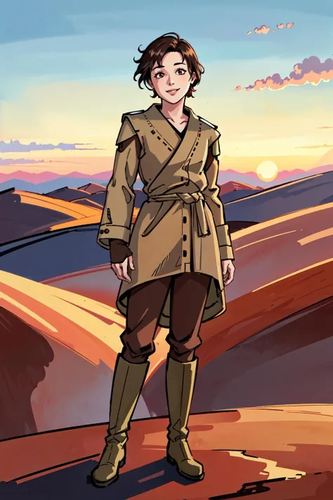 (masterpiece,best quality:1.2),1girl,veronicafnv,solo,standing,full body,outdoors,in desert sunset,brown clothes,,long sleeves,robes,brown pants,hiking boots,facing viewer,detailed background,happy,smiling, <lora:VeronicaFNV:0.8>, <lora:LORA-XenoDetailer-v2:0.1>