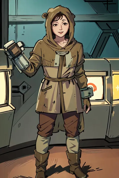 (masterpiece,best quality:1.2),1girl,veronicafnv,solo,standing,full body,indoors,(in abandoned casino,slot machines,post-apocalyptic),brown clothes,(wearing hooded cloak),hood up,robes,brown pants,hiking boots,arms at sides,gauntlet,(single glove:1.3),facing viewer,detailed background,happy,smiling, <lora:VeronicaFNV:1>, <lora:LORA-XenoDetailer-v2:0.1>