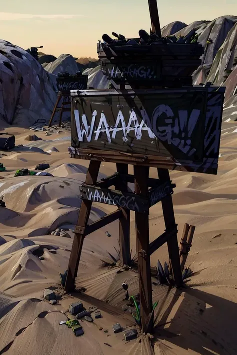 --prompt "((masterpiece,best quality)), <lora:Ork_World:1>, Ork World, (graffiti, waaagh, white text, english text:1.1), sign, desert, outdoors, sky, no humans, " --negative_prompt "negative_hand-neg,
