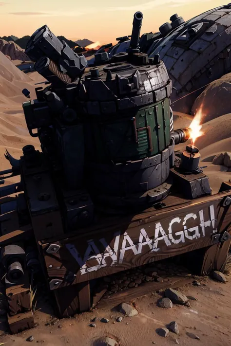((masterpiece,best quality)), absurdres,
<lora:Ork_World:1>, Ork World,
(graffiti, waaagh, white text, english text:1.1),
weapon, outdoors, sky, no humans, glowing, from above, robot, scenery, mecha, glowing eyes, machinery, sunset, cannon, desert, rockets, fire,
motor vehicle, turret, emblem, cannon, military vehicle, tank, vehicle focus, machine gun,