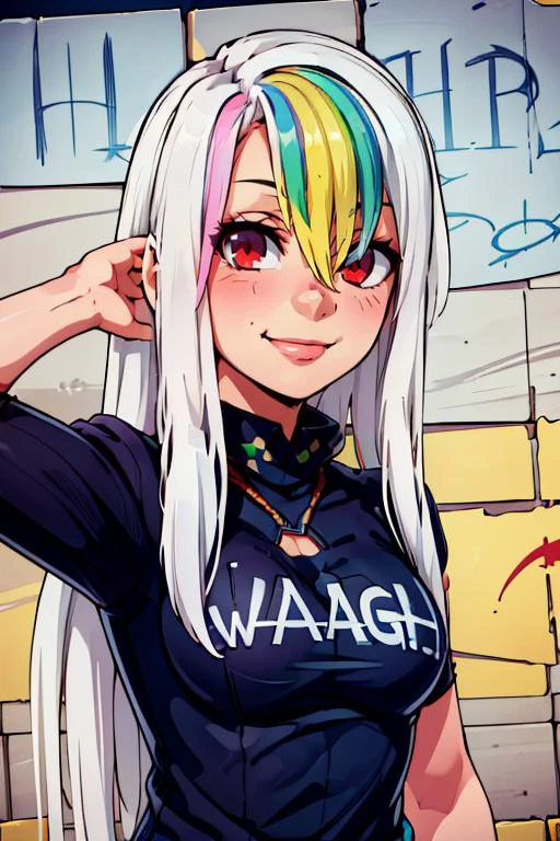 ((masterpiece,best quality)), absurdres,
<lora:Ork_World:1>, Ork World,
(graffiti, waaagh, white text, english text:1.2),
<lora:Roxy_Citron_OC_AnyLora:0.8>, Roxy_Citron_OC, 1girl, solo, red eyes, white hair, rainbow hair, long hair, streaked hair, hair between eyes, smile, print shirt, denim jeans, upper body, evil smile,