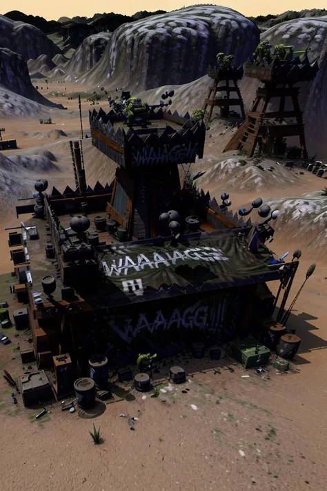 ((masterpiece,best quality)), absurdres,
<lora:Ork_World:1>, Ork World,
(graffiti, waaagh, white text, english text:1.1),
weapon, outdoors, sky, no humans,
building, nature, scenery, mecha, forest, sunset, shield, mountain, axe, ruins, house, landscape, desert, tent,, <lora:more_details:0.7>
