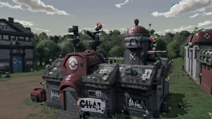 <lora:Pokemon_Center:0.7> Pokemon Center, pokemon, poke ball, building, hospital, BREAK, <lora:Ork_World:0.8> Ork World, weapon, outdoors, sky, no humans, graffiti, waaagh, white text, english text