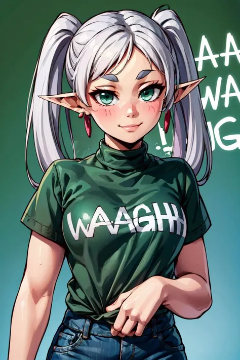 ((masterpiece,best quality)), absurdres,
<lora:Ork_World:1>, Ork World,
(graffiti, waaagh, white text, english text:1.2), 
smile, print shirt, denim jeans, upper body,    
aafrie, long hair, white hair, twintails, pointy ears, earrings, green eyes, thick eyebrows,  <lora:frieren_v1:0.7>,