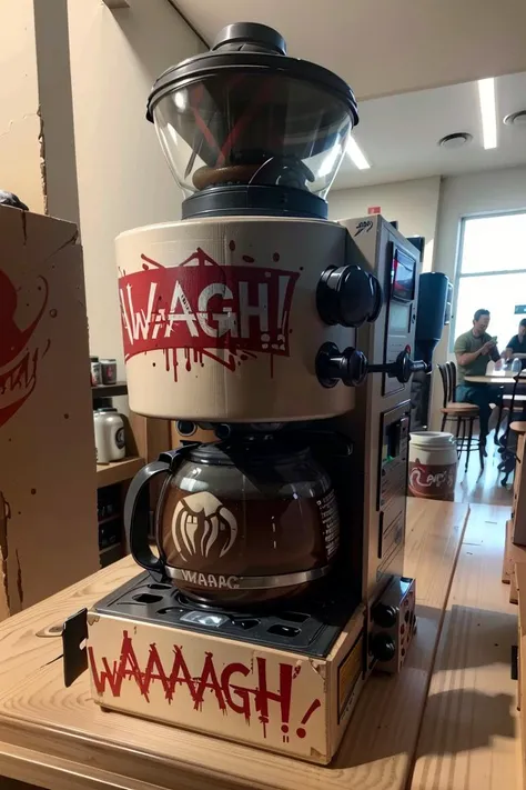 ((masterpiece,best quality)), <lora:Ork_World:0.8>, Ork World, (graffiti, waaagh, white text, english text), no humans,,(coffee machine:1.2), coffee mug,