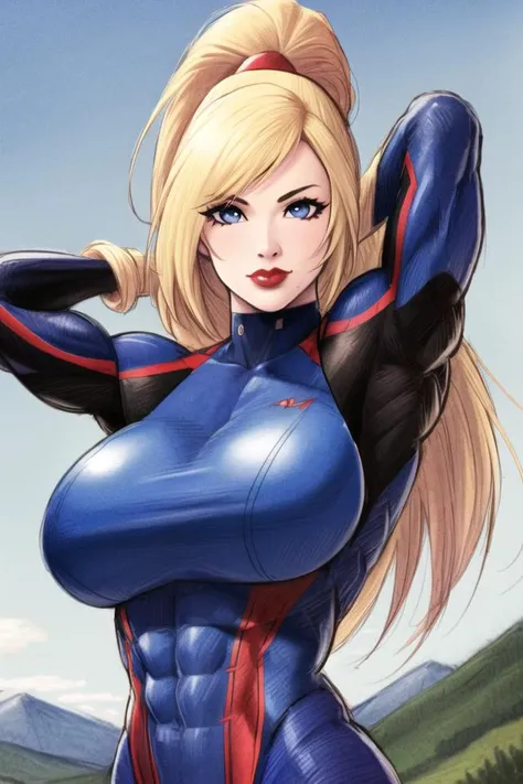 1girl, solo, blue eyes, samus aran, (((portrait))), devilhs-69100, ((blue eyes)), ((blonde hair)), (ponytail), intricate details, detailed face, (detailed eyes), ((round pupils)), perfect face, (((upper body))), ((big pupils)), ((zero suit)), (thick lips), ((cartoon)), ((sketch)), ((realistic)), (mountains), red lips, ((arms behind head)), (((((muscular female))))), soft lighting, (sun)