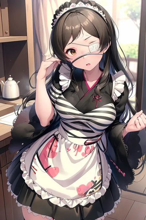 (masterpiece, best quality), 1girl, <lora:KitazawaShiho:1> KitazawaShiho, KitazawaCasual, striped shirt, black skirt, KitazawaEyepatch, eyepatch, wa maid, maid headdress, maid apron, japanese clothes