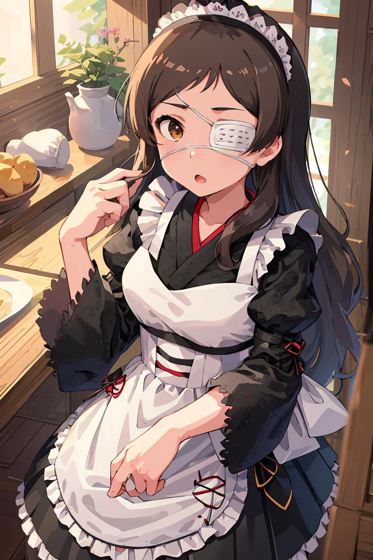 (masterpiece, best quality), 1girl, <lora:KitazawaShiho:1> KitazawaShiho, KitazawaCasual, striped shirt, black skirt, KitazawaEyepatch, eyepatch, wa maid, maid headdress, maid apron, japanese clothes