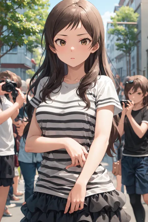 Make an anime style drawing of a white American woman with long brown hair, fairly big boobs, and brown eyes. She is wearing a tight and small black tank top with a v-neckline and she is wearing and unbuttoned tan trench coat and a small white short skirt and black heels. She has a black purse. Have her surrounded by paparazzi and cameras. She is very beautiful and young and around 18 years old