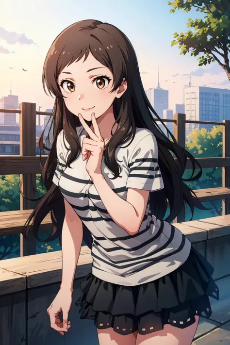 masterpiece, best quality, cowboy shot, <lora:CHAR-KitazawaShiho:1> KitazawaShiho, KitazawaCasual, striped shirt, black skirt, cowboy shot, smile, leaning forward