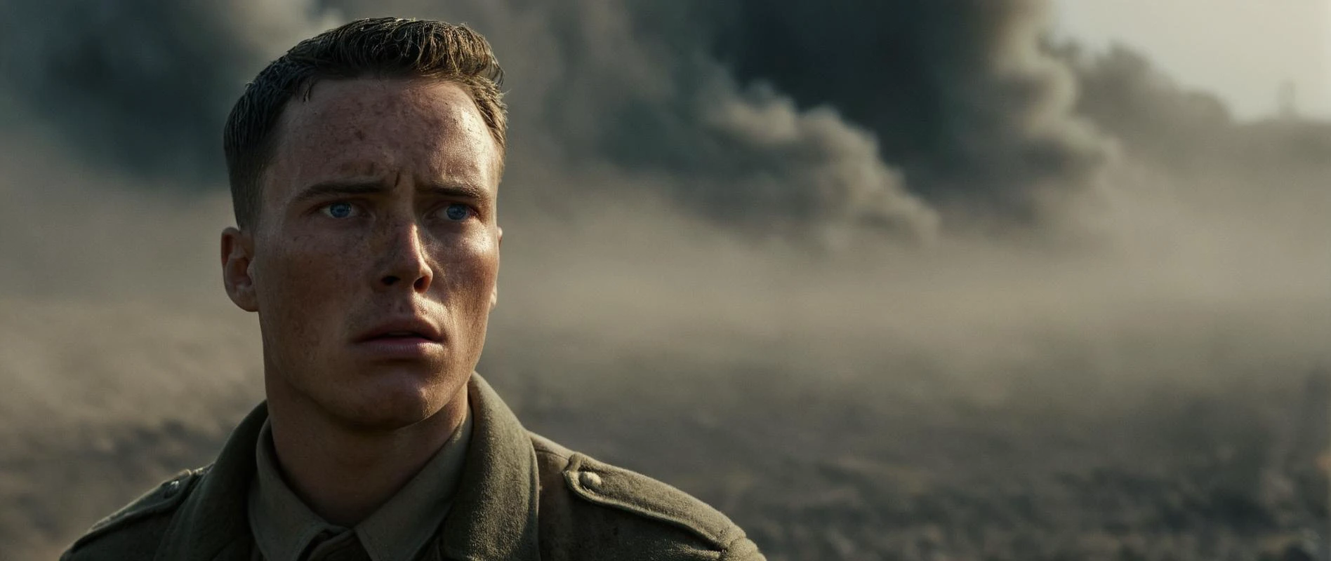 cinematic film still of <lora:Film Grain style:0.6> Film Grain style
<lora:Kodak Motion Picture Film Style v4:0.2>
<lora:Chiaroscuro Lighting Style:0.6> Chiaroscuro Lighting Style
<lora:Ron Fricke style:0.3>
<lora:Battlefield ww1 style:0.8>
a closeup of a German soldier in surprise shock staring at camera with teary face with a jacket, alone, single, battlefield ww1 style,solo,looking at viewer,blue eyes,black hair,1boy,closed mouth,male focus,blurry,depth of field,blurry background,portrait,close-up,freckles,realistic , war, war zone, battle, explosion in background, dust, smoke, debris, warrior, soldier, dark themed, cinematic, film look, world war 1, first world war, ww1, military, dramatic light, shallow depth of field, vignette, highly detailed, high budget, bokeh, cinemascope, moody, epic, gorgeous, film grain, grainy