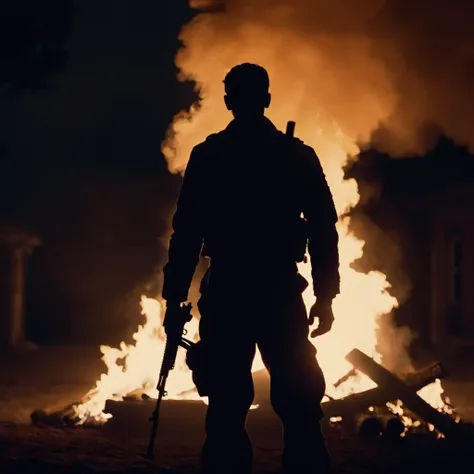 cinematic film still of <lora:Chiaroscuro Lighting Style:1>
dramatic, cinematic, shadow, partially covered in shadow, a man standing in front of a fire with smoke coming out of it Chiaroscuro Lighting Style, holding, standing, weapon, multiple boys, holding weapon, gun, helmet, fire, holding gun, scenery, rifle, smoke, silhouette, assault rifle, giant, soldier, low light, dim light, silhouette, shallow depth of field, vignette, highly detailed, high budget, bokeh, cinemascope, moody, epic, gorgeous, film grain, grainy