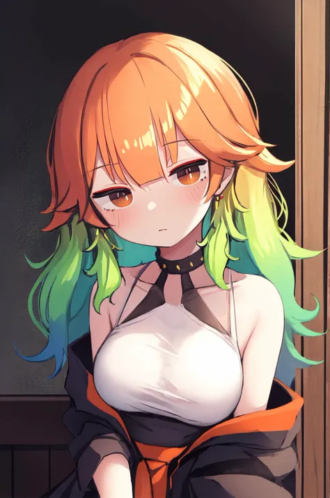 masterpiece, takanashi kiara, gradient hair, orange hair, green hair, colored inner hair, orange eyes, medium breasts, akashi kaikyo bridge