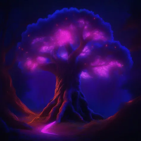 a tree with blacklight makeup, fantasy, highly detailed, digital painting, artstation, concept art, sharp focus, illustration, <lora:blacklight_makeup_v2:0.8>