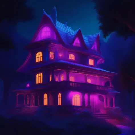 a house with blacklight makeup, fantasy, highly detailed, digital painting, artstation, concept art, sharp focus, illustration, <lora:blacklight_makeup_v2:0.8>