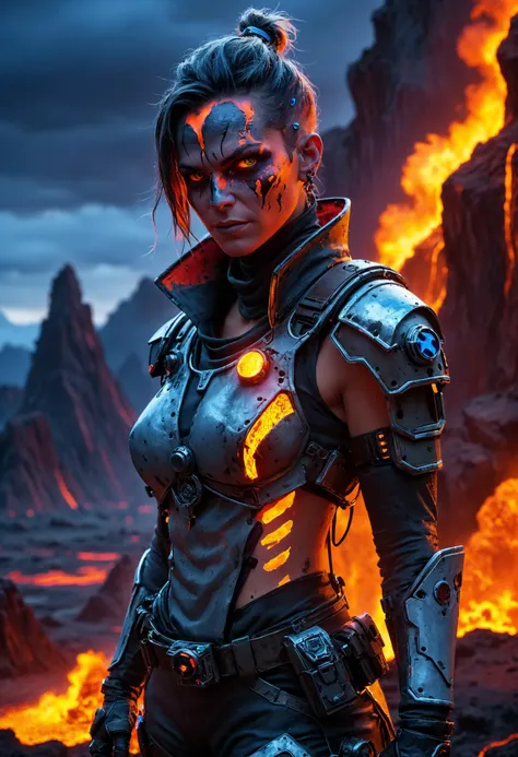 <lora:evil_villain:1> evil villain Cyberpunk nomad medic with nano-enhanced treatments, <lora:EnvyCreativeOutfitXL01:1>, Volcanic landscape with molten lava in the background, <lora:xl_more_art-full_v1:0.4>,  <lora:MJ52:0.4>, Top-down Lighting, <lora:Epic_Surreal:0.8>, <lora:blacklight_makeup_v2:0.7> blacklight makeup, sharp focus, highly detailed