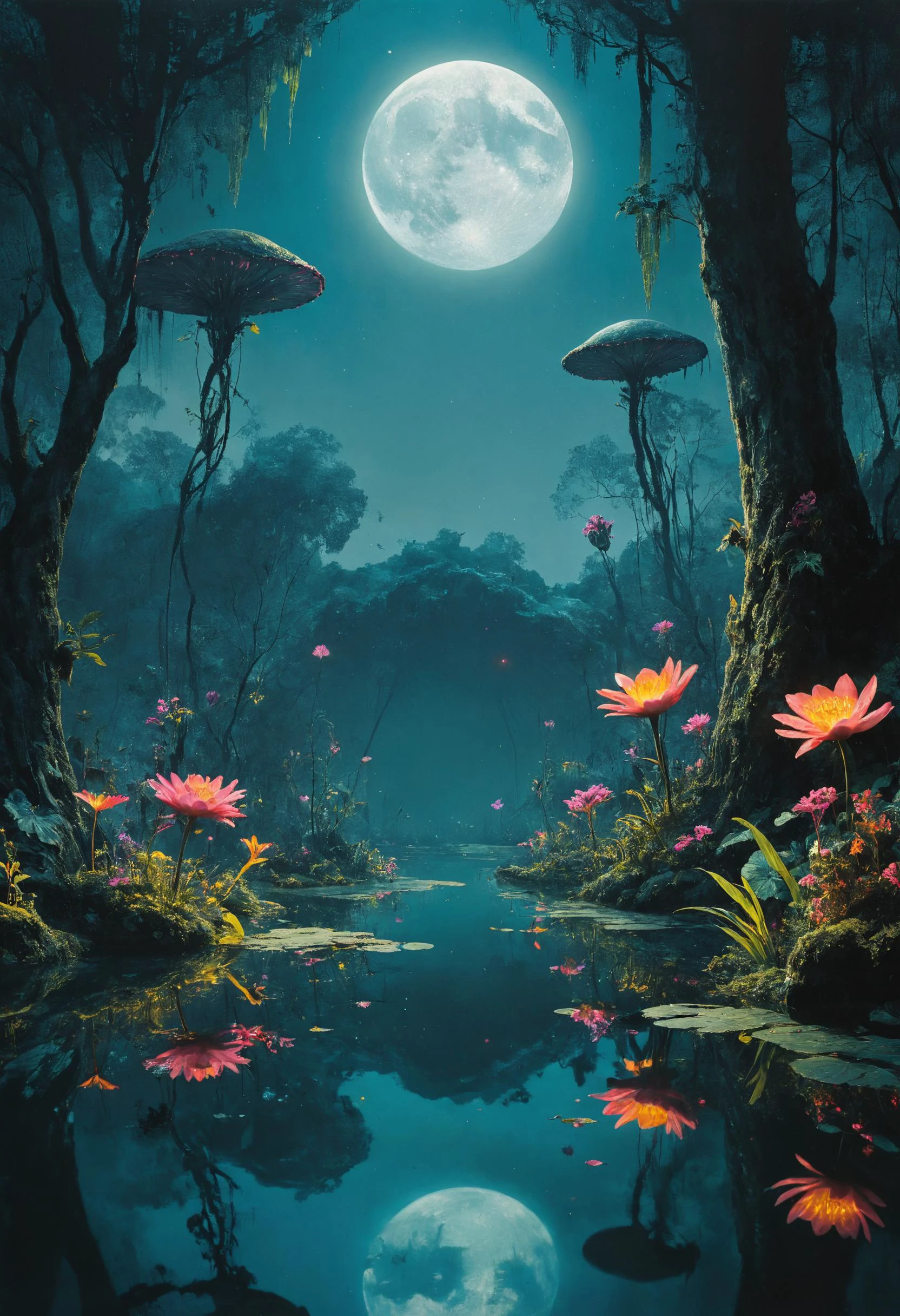 alien landscape, Floating gardens adorned with exotic flowers, Mirror-like lake reflecting surrounding forest , alien flora, Moonlight, <lora:blacklight_makeup_v2:0.7> blacklight makeup, <lora:great_lighting:0.4> great lighting, <lora:The_Dark_Side_of_the_Earth:0.8>