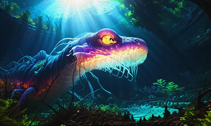 photorealistic, detailed digital illustration of a Enchanted sea serpent with radiant scales at a Coral-covered megastructure with interconnected habitats <lora:xl_more_art-full_v1:0.4>, <lora:blacklight_makeup_v2:0.7> blacklight makeup, Lens Flare, <lora:RPGMuaghXL:1> muagh