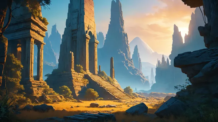 The ruins of an alien civilization, Crystalline forests resonating with harmonic vibrations in the background,, Golden hour,, blacklight makeup, sharp focus Highly Detailed, Cinematic Lighting, HD, Dramatic Lighting by Brom, trending on Artstation <lora:MJ52:0.4> <lora:EnvyVividXL01-adamw:0.7> <lora:blacklight_makeup_v2:0.7>