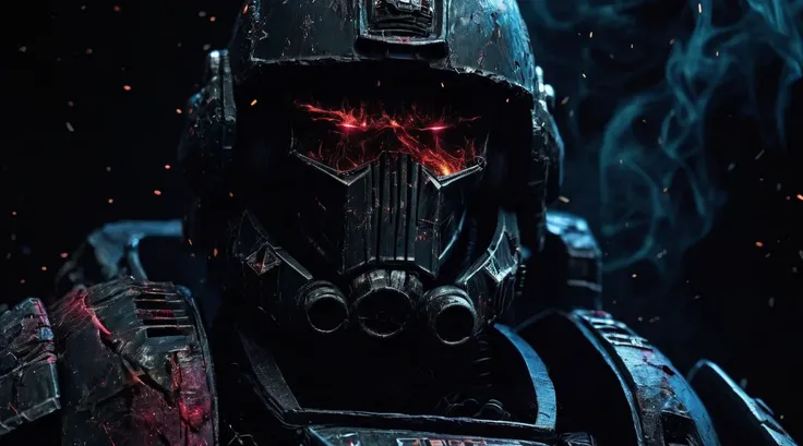 William Kentridge, a stern and strong general of an assault squad of space marines, heavy armor, removed helmet, stern face, detailed background, power, bursts of magical power, blood, ruins, shots, smoke, particles,  <lora:SDXL_Black_Sa_May:0.8> black <lora:blacklight_makeup_v2:0.2> blacklight makeup