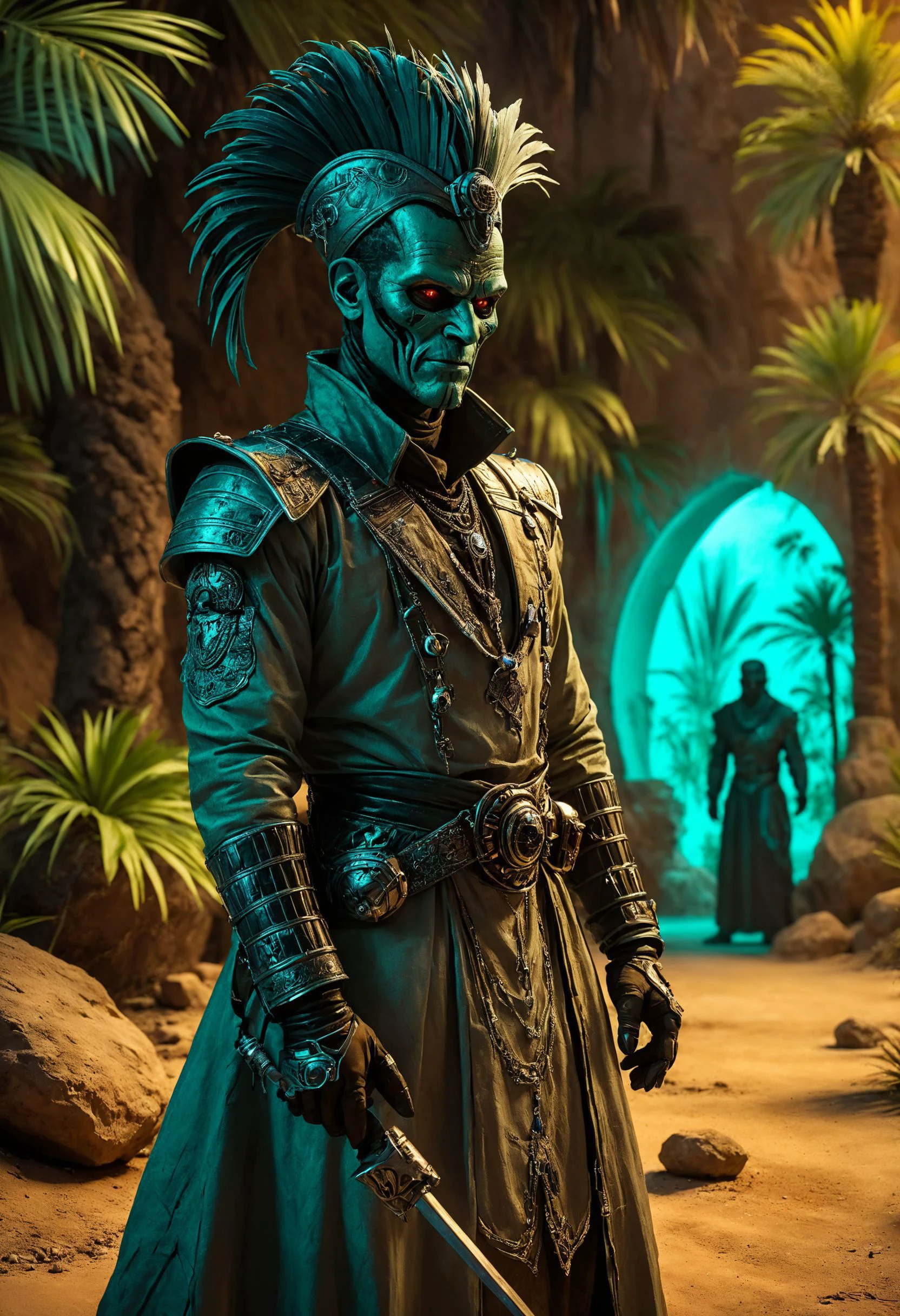 <lora:evil_villain:1> evil villain Underground surgeon specializing in cyber-enhancements, <lora:EnvyCreativeOutfitXL01:1>, Desert oasis with lush palm trees in the background, <lora:xl_more_art-full_v1:0.4>, <lora:MJ52:0.4>, Chiaroscuro, <lora:envy_rough_oil:0.7>, <lora:blacklight_makeup_v2:0.7> blacklight makeup, sharp focus, highly detailed